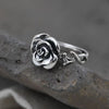 Rose Ring for Women, Antique Silver-Tone Sculpted Flower with Vine-Detail Band