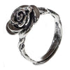 Rose Ring for Women, Antique Silver-Tone Sculpted Flower with Vine-Detail Band