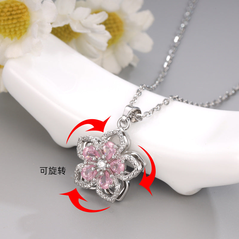 Rotating Flower Pendant Necklace for Women, Copper Bauhinia Design with Sparkling Zircon Accents - Product view 1