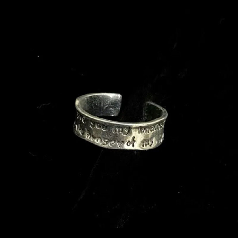 Engraved Open Ring, Antique Silver-Tone Wide Band with English Lettering