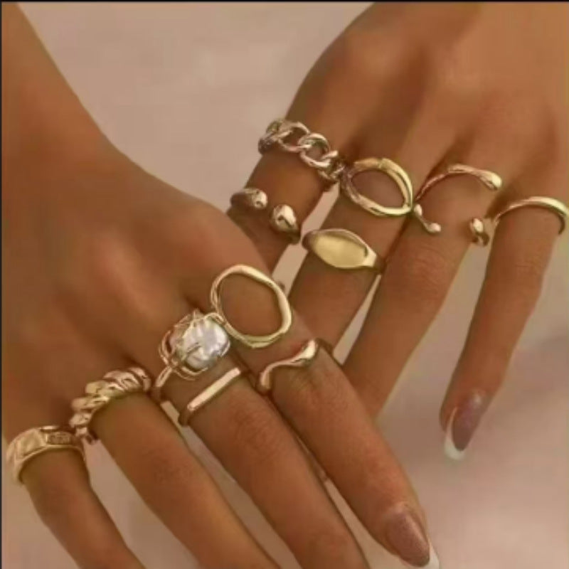 Adjustable Geometric Ring Sets for Women, Zinc Alloy Bands in Gold or Silver Tone, 11-Piece or 12-Piece Options - Gold square 12-piece set
