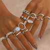Adjustable Geometric Ring Sets for Women, Zinc Alloy Bands in Gold or Silver Tone, 11-Piece or 12-Piece Options - Silver square 12-piece set