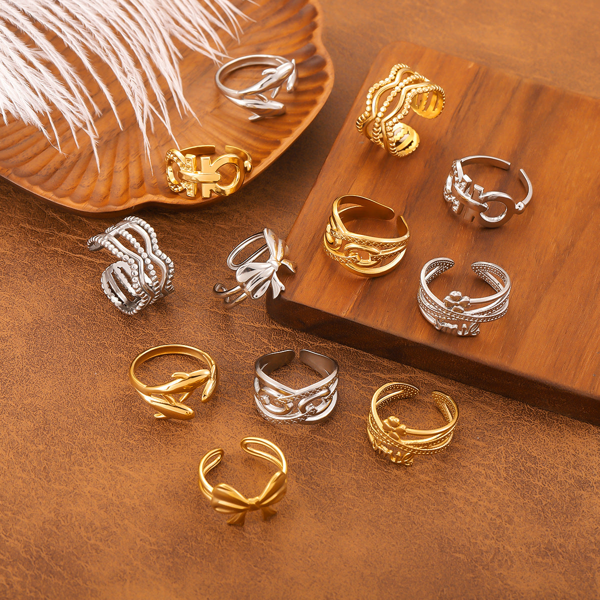 Adjustable Open Rings for Women, 304 Stainless Steel Geometric Bands in Gold or Steel Tone, Sold Individually - Product view 1