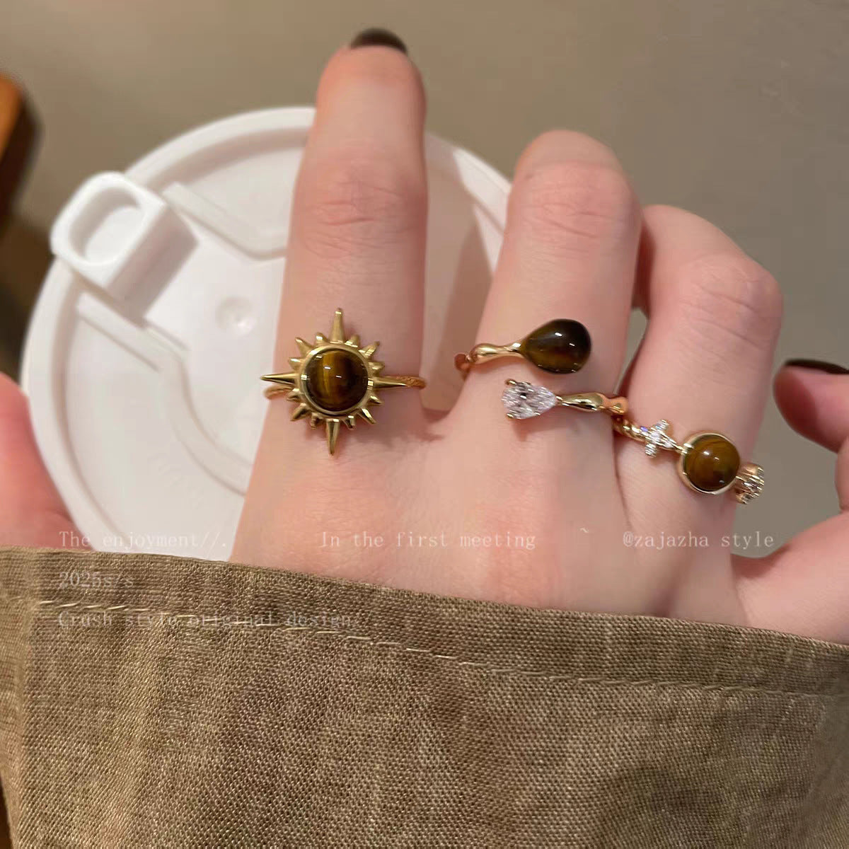 Brown Accent Open Rings, Gold-Tone Alloy, Sunflower, Star and Teardrop Designs