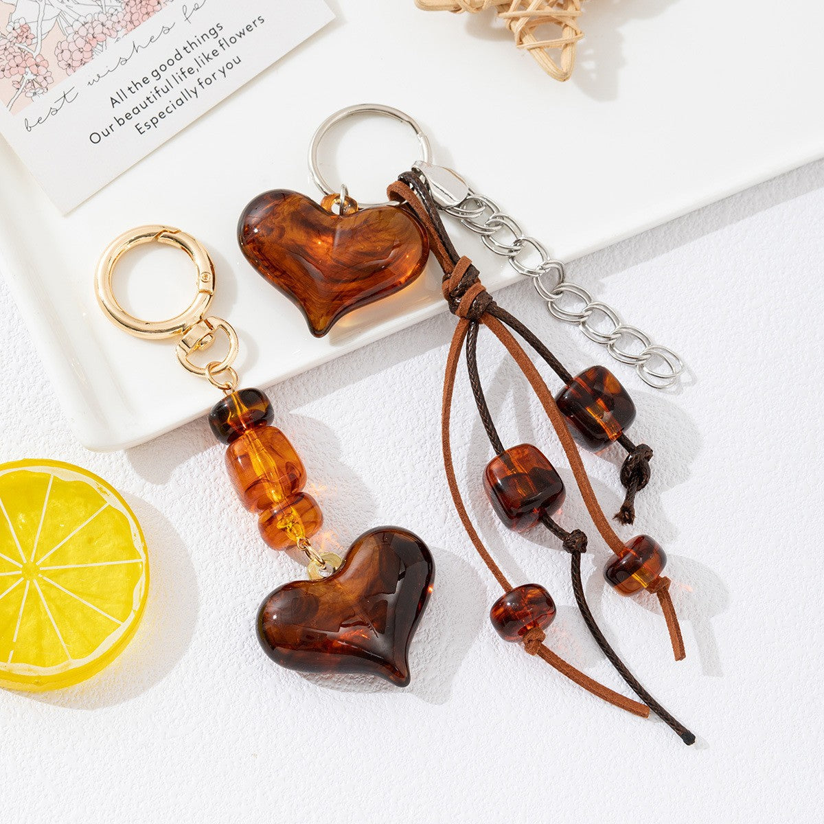 Amber-Tone Heart Keychain, Acrylic with Beads or Cord Tassels, 2 Designs