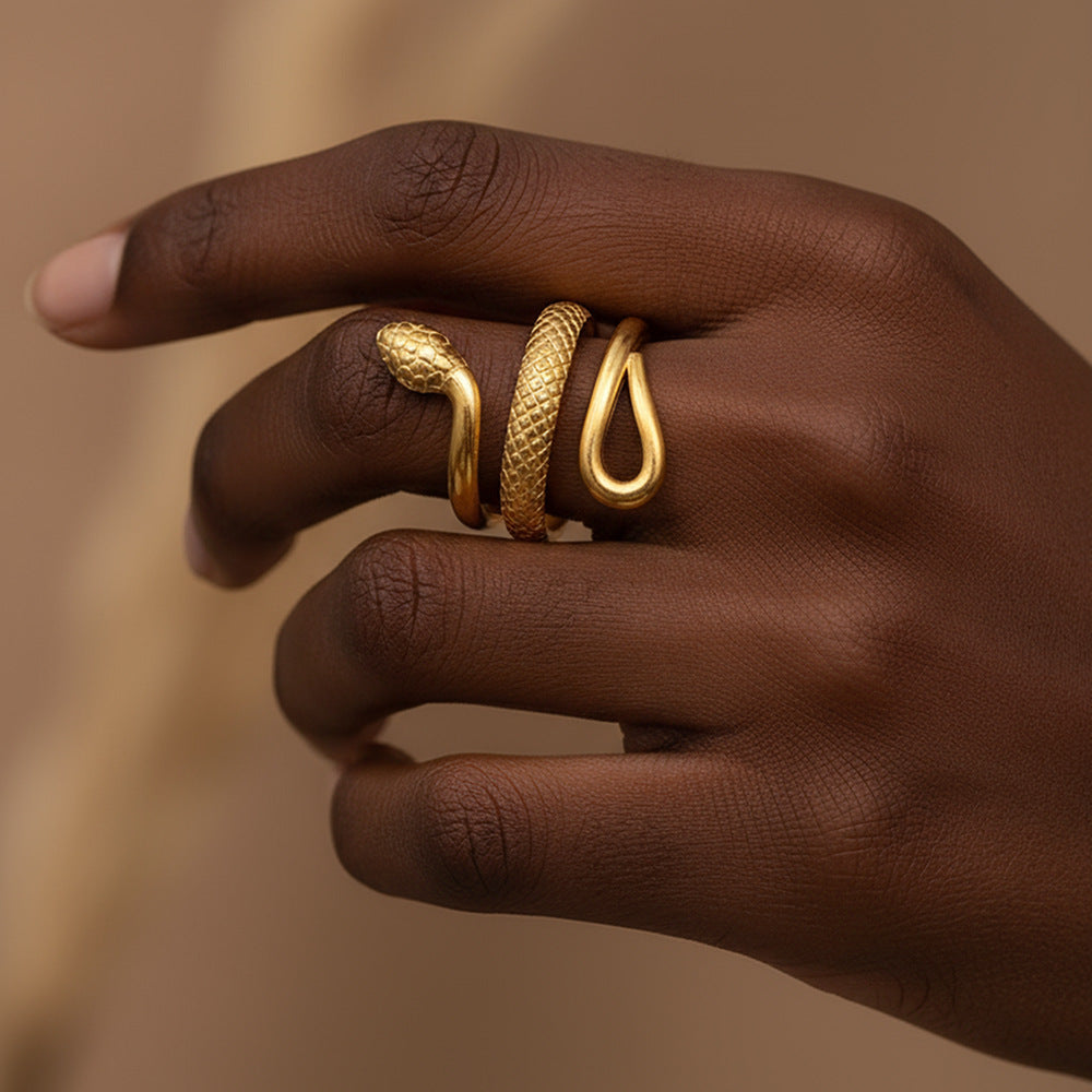 Snake Wrap Ring, Stainless Steel with Textured Scales and Smooth Coils, Gold or Silver-Tone, Open Band