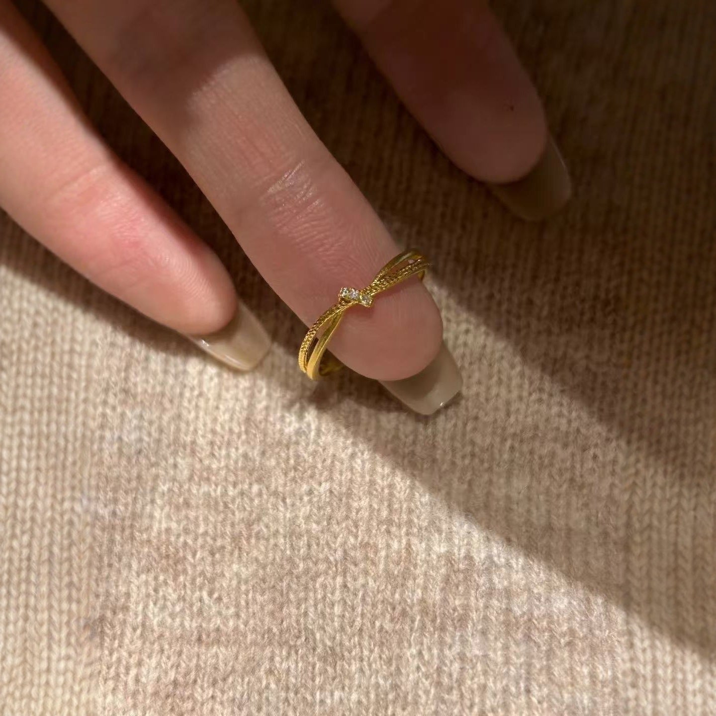 Knot Ring, Gold-Tone Copper with Clear Leaf-Shaped Accents, Adjustable Open Band