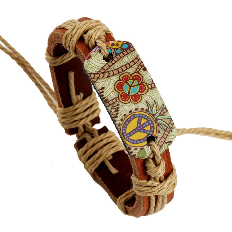 Woven Peace Sign Bracelet, Light Brown Cord and Strap Design with Printed Decorative Detail - Light brown