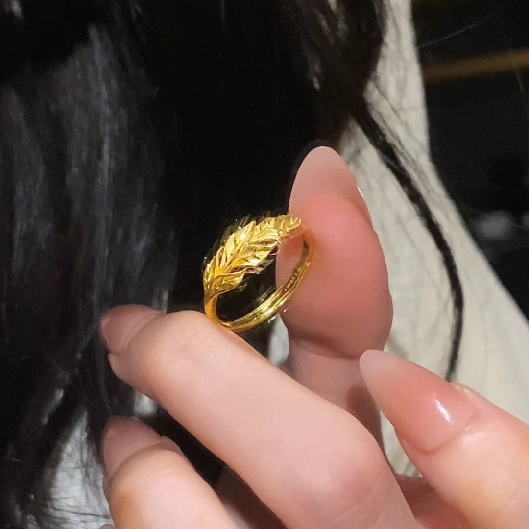 Leaf Branch Ring, Gold-Tone Brass with Textured Leaves, Adjustable Open Band