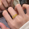 Leaf Branch Ring, Gold-Tone Brass with Textured Leaves, Adjustable Open Band
