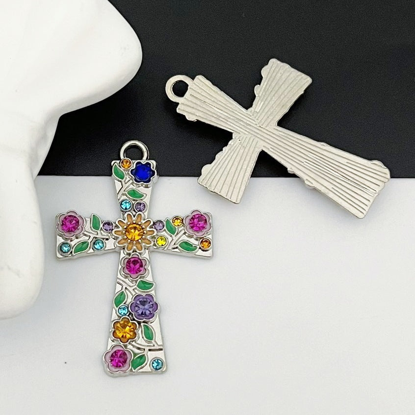 Cross Pendant Charm, Alloy Floral Design with Multicolor Sparkling Accents for Jewelry Making - D1688