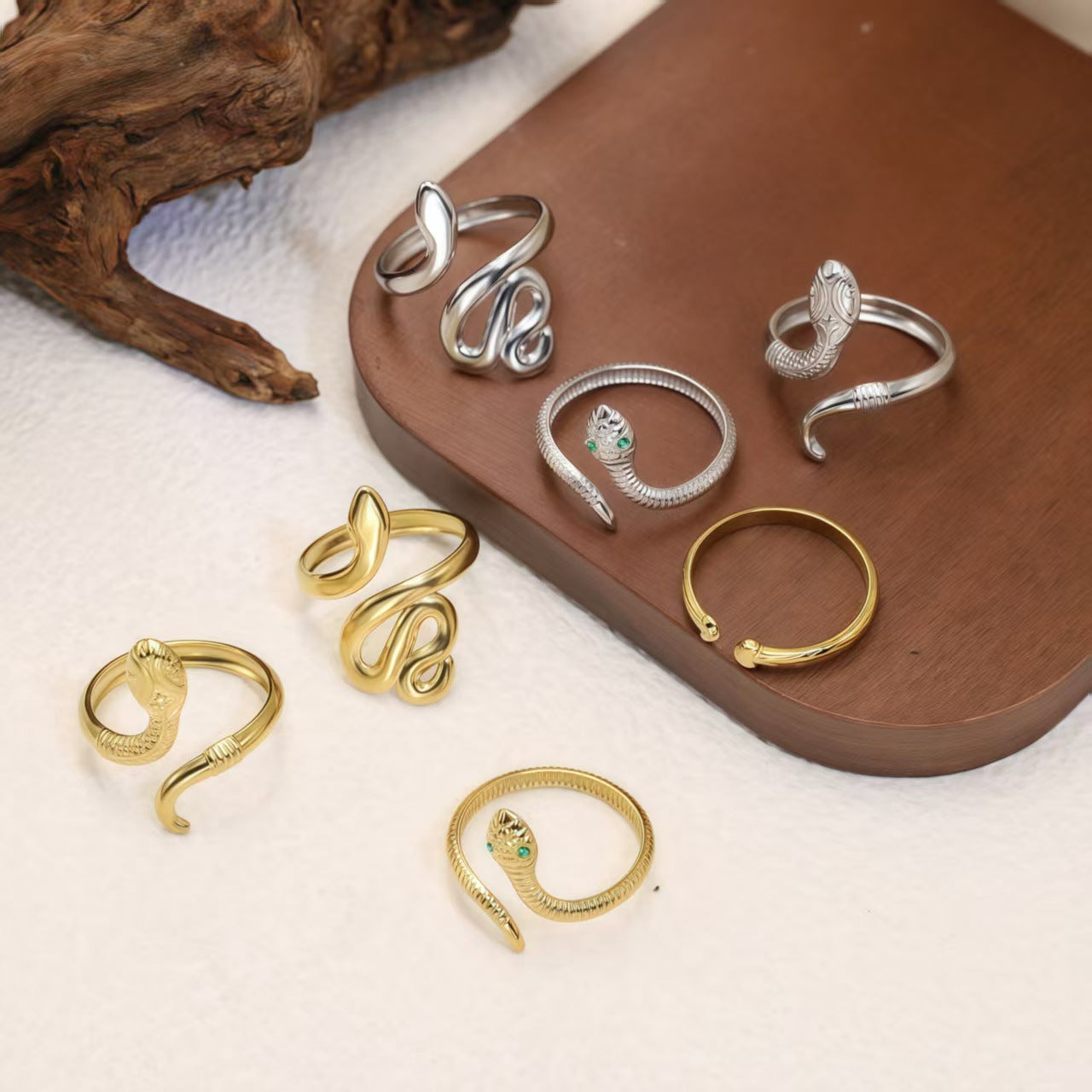 Snake-Inspired Ring, Stainless Steel with Adjustable Opening, 4 Designs in Gold-Tone or Silver-Tone