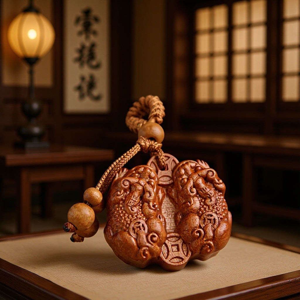 Double Pixiu Carved Wood Hanging Charm, Brown Cord and Beads, 84 x 38 x 10mm