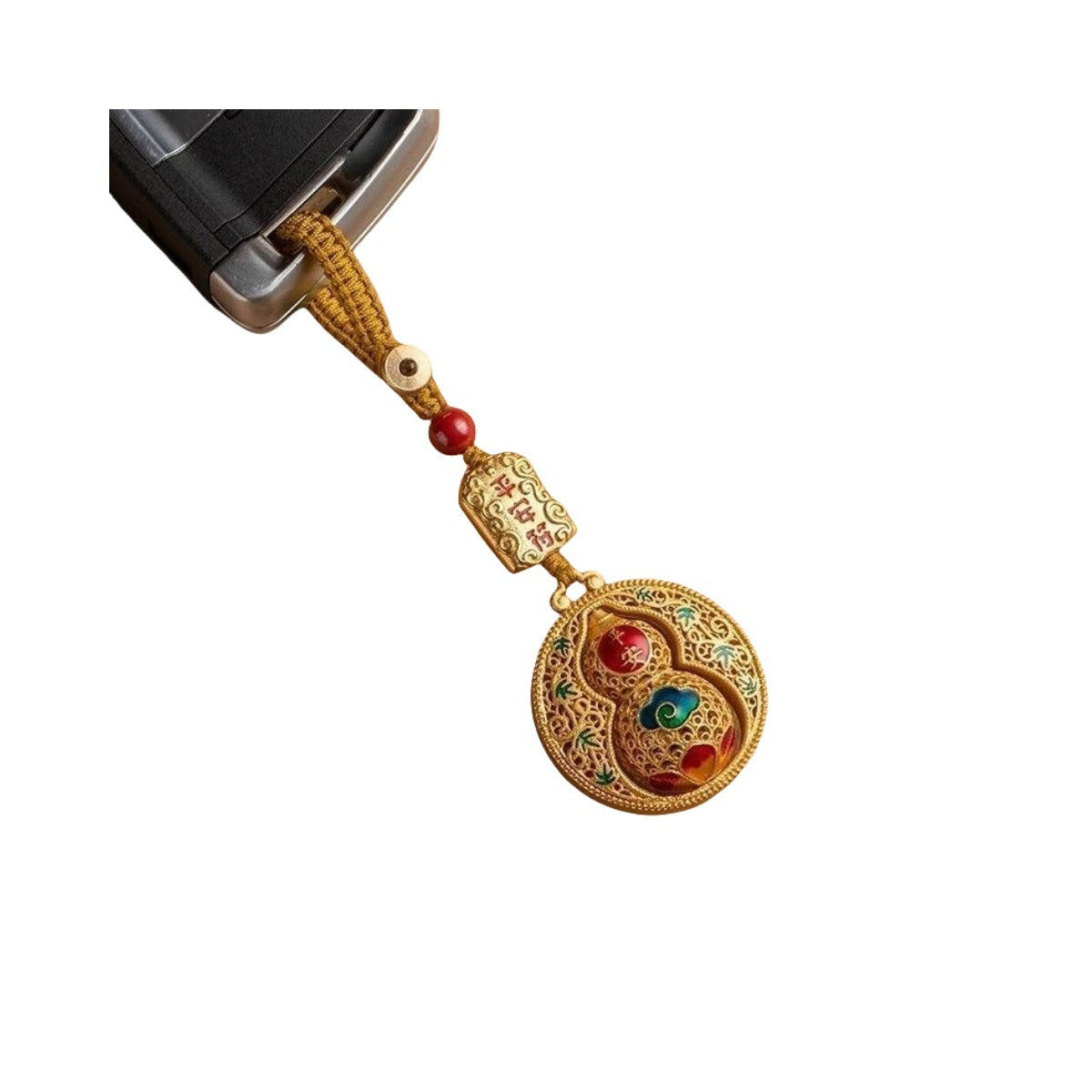 Ornate Round Medallion Keychain, Gold-Tone Metal with Colored Details and Beaded Cord