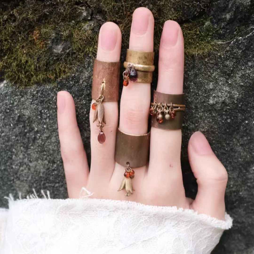 Wide Cuff Ring, Antique Bronze-Tone Alloy with Dangling Leaf or Bead Charms, Adjustable, 4 Designs