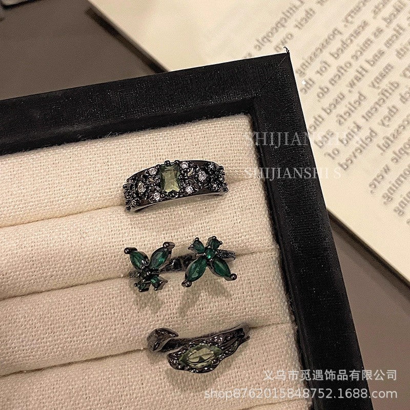 Dark-Tone Alloy Rings with Green and Black Accents, Snake, Butterfly or Band Design, Single Ring or 3-Piece Set