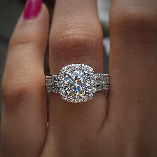 Women's Cubic Zirconia Engagement Ring with a Round Center Stone and Multi-Row Band for Wedding and Evening Wear - Image 1