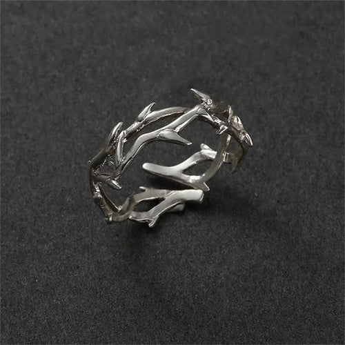 Silver Tone Open Branch Ring with Intertwined Thorn Details and a Resizable Band for Women and Men - Image 1
