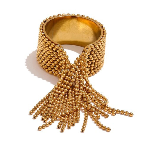 Stainless Steel Open Ring with Draped Beaded Chain Tassels in Gold Tone Silver Tone or Two Tone Finish - Image 1