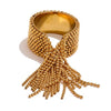 Stainless Steel Open Ring with Draped Beaded Chain Tassels in Gold Tone Silver Tone or Two Tone Finish - Image 1