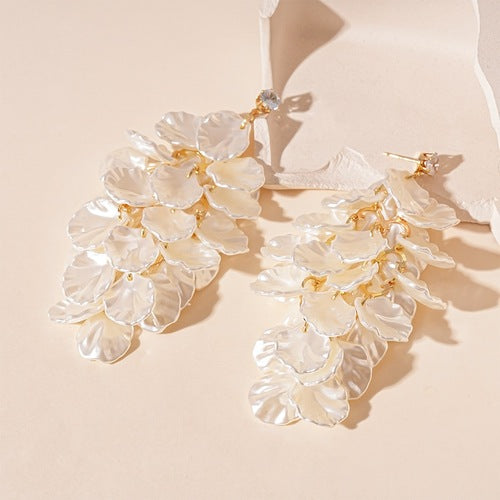White Flower Petal Tassel Drop Earrings for Women with Layered Floral Details for Weddings and Parties - Image 1