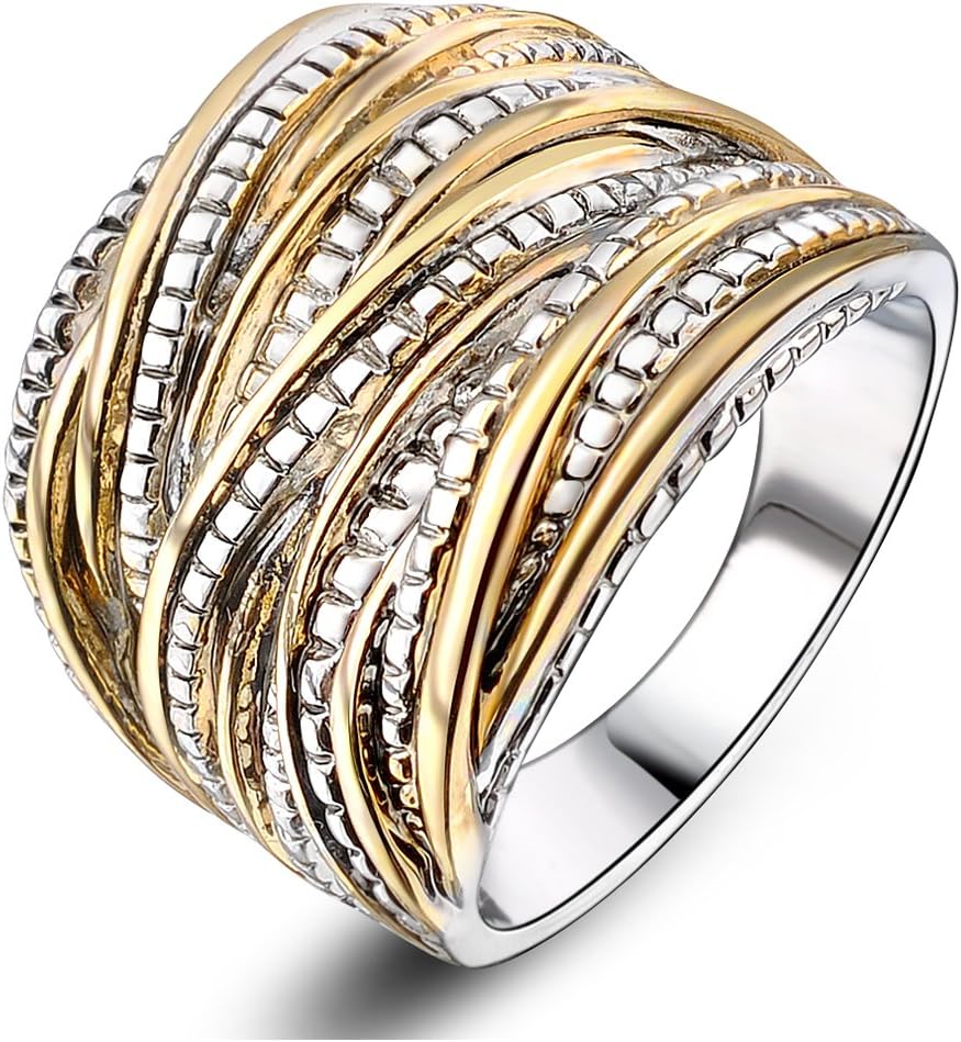 2 Tone Intertwined Crossover Statement Ring Fashion Chunky Band Rings for Women Wide Index Finger Rings Costume Jewelry - main view