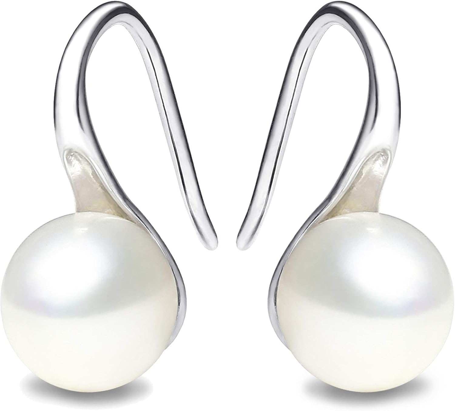 925 Sterling Silver Hoop Handpicked AAA+ Quality 7.5-8mm White Freshwater Cultured Pearl Dangle Drop Earrings Jewelry for Women - main view