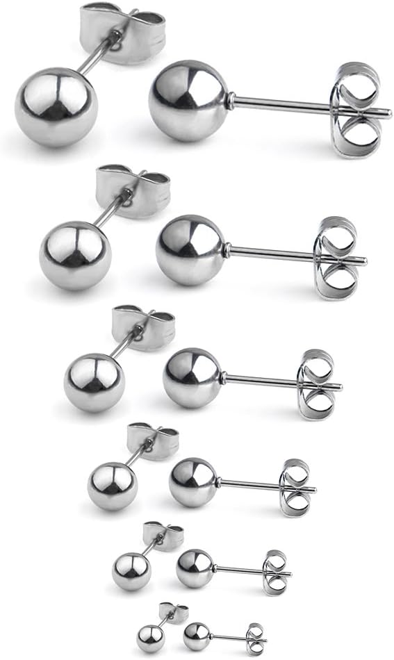 20G Stainless Steel Ball Stud Earrings Women Round 3-8mm 6Pairs - main view