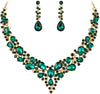 Women's Wedding Statement Necklace Dangle Earring Jewelry - 22-Emerald Color Gold-Plated-Base