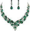 Women's Wedding Statement Necklace Dangle Earring Jewelry - 04-Emerald Color Silver-Tone
