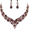 Women's Wedding Statement Necklace Dangle Earring Jewelry - 06-Deep Amethyst Color Gold-Plated-Base