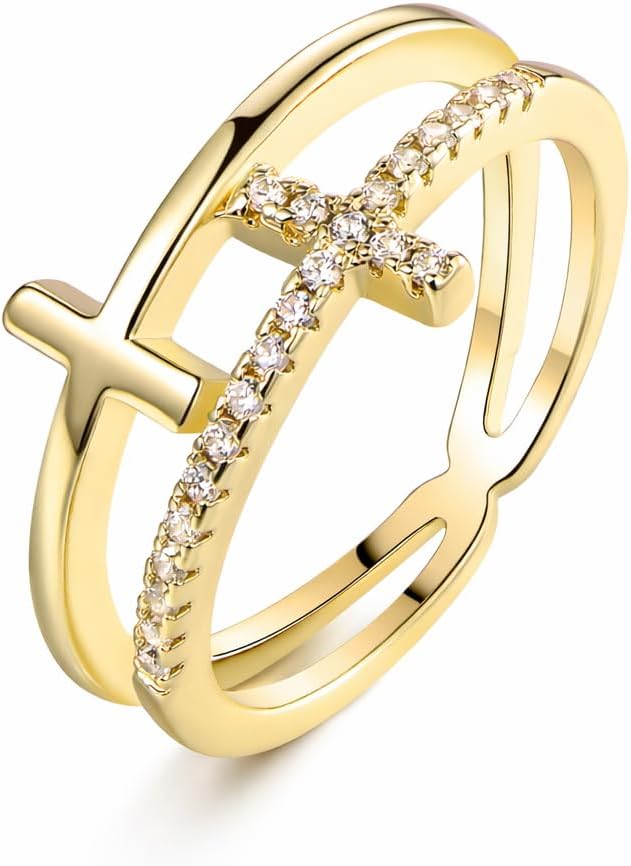 18k Gold Plated Cubic Zirconia Double Cross Ring - main view
