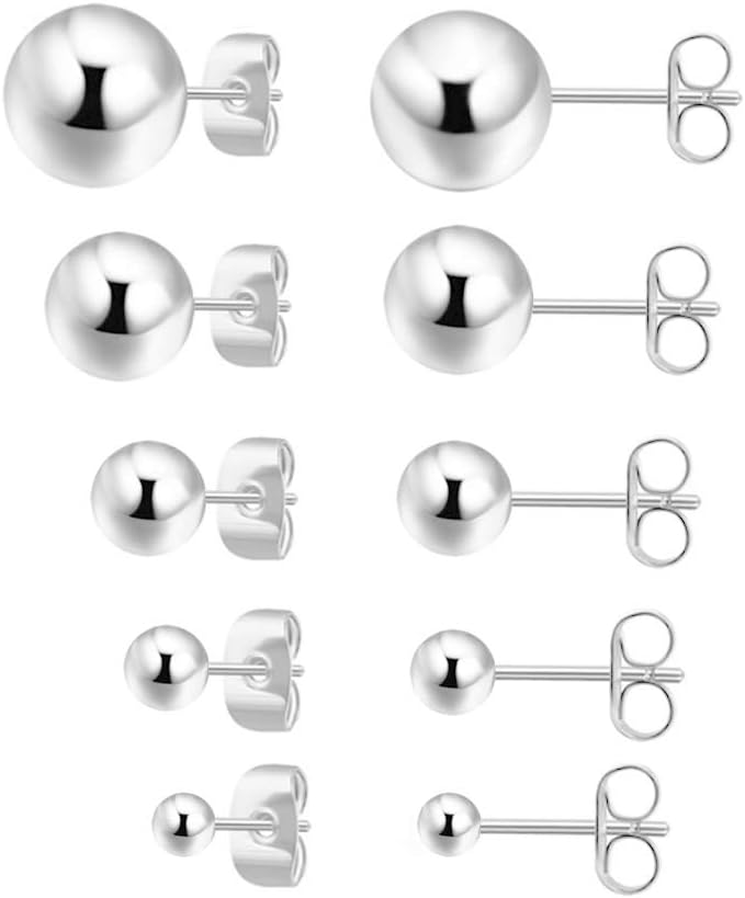 Sterling Silver Earrings for Women: 925 Sterling Silver Round Ball Stud Earrings for Women Multiple Piercing 5 Pairs Tiny Stud Earrings 2mm 3mm 4mm - main view