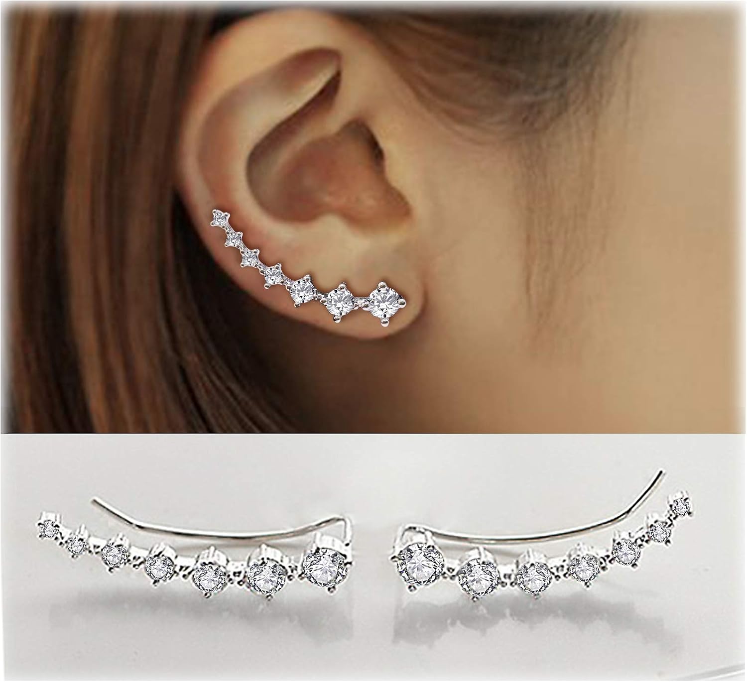 Sterling Silver Climber Earrings for Women 7 Crystals Ear Cuffs Cartilage Jewelry Dainty Fashion Birthday Gift for Women - main view