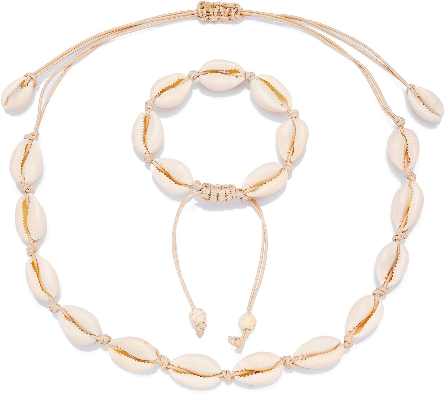 2Pcs Shell Necklace Anklet for Women Handmade Adjustable Puka Beach Shell Necklace Set - main view