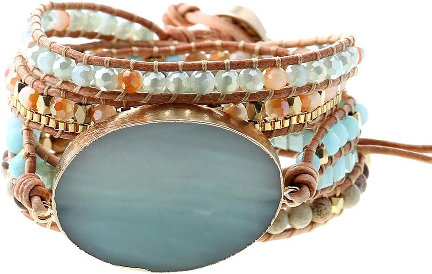 Natural Stone Wrap Bracelet for Women with Jasper Agate and Turquoise Beads on Boho Leather Cord Multi Wrap Adjustable 6 to 8.5 Inches - main view