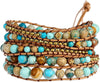 Natural Stone Wrap Bracelet for Women with Jasper Agate and Turquoise Beads on Boho Leather Cord Multi Wrap Adjustable 6 to 8.5 Inches - Turquoise, Picture Jasper, Hematite