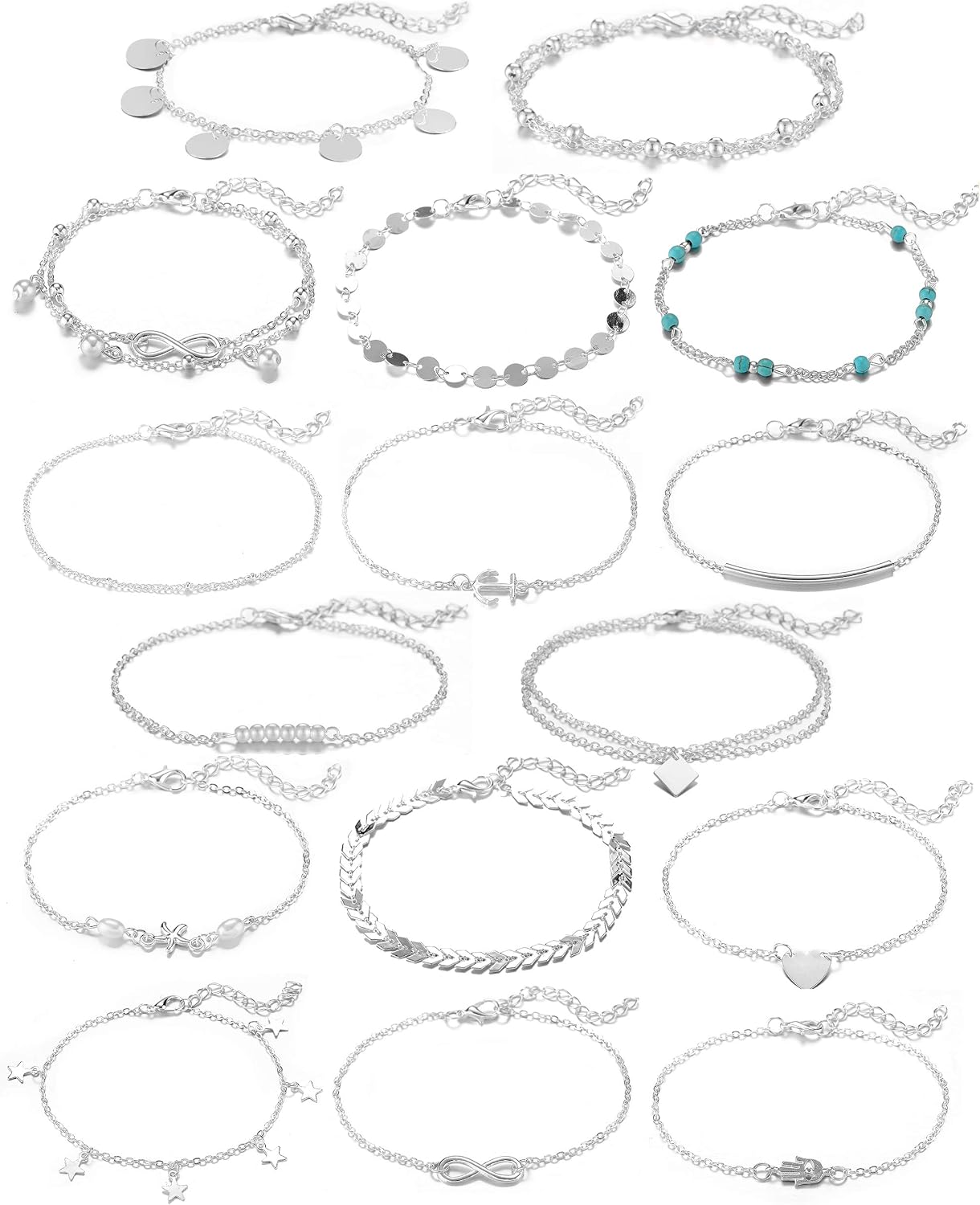 16Pcs Ankle Bracelets for Women Gold Silver Two Style Chain Beach Anklet Bracelet Jewelry Anklet Set, Adjustable Size - main view