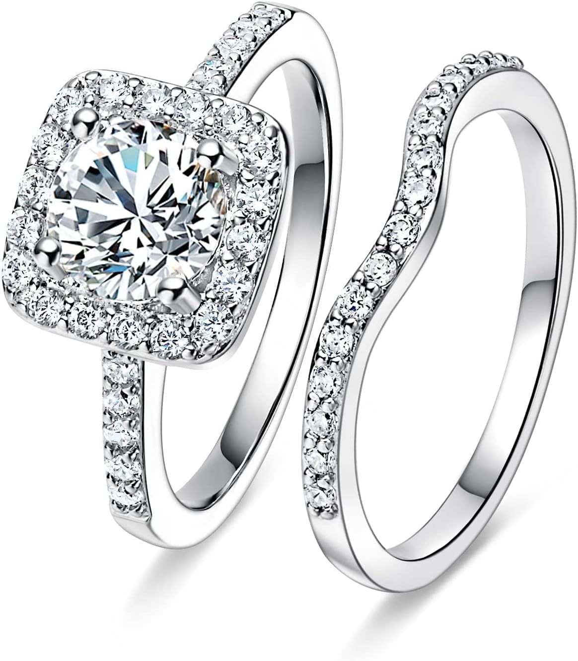 18K White Gold Plated 2-in-1 Halo CZ Engagement Wedding Rings Women - main view