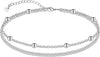 925 Sterling Silver Ankle Bracelets for Women, Adjustable Double Layer Chain Anklets, Minimalist Lightweight Foot Jewelry for Beach & Everyday Wear - satellite layered