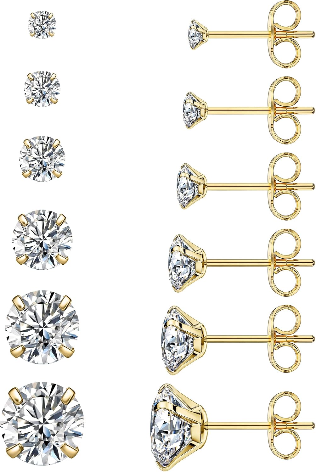 6 Pairs Stud Earrings Set, Cubic Zirconia 316L Earrings Stainless Steel CZ Earrings 3-8mm - main view