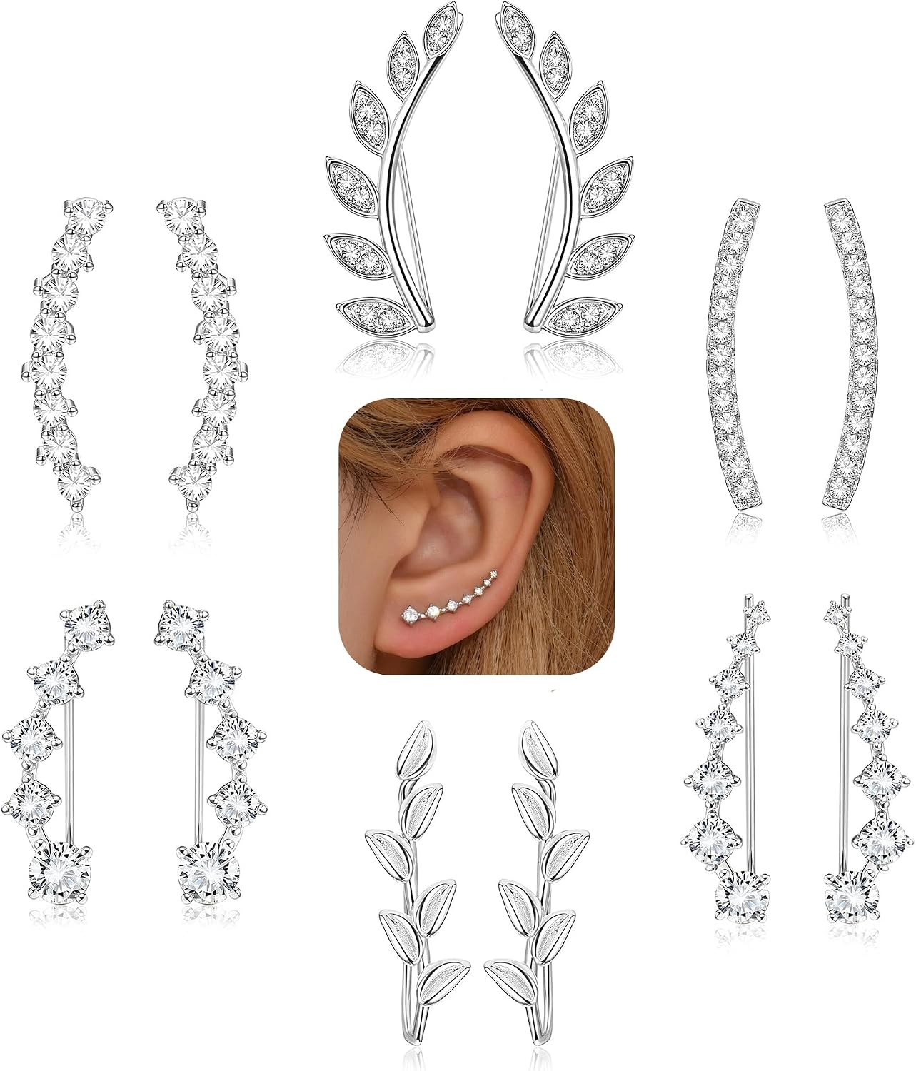 6Pairs Ear Cuffs Climber Hoop Earring CZ Arrow Crawler Stud Earring Jacket for Women - main view