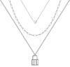 Dainty Layered Choker Necklace Handmade Y Pendant Necklace Multilayer Bar Disc Necklace Adjustable Layering Choker Necklaces for Women - 3PCS - Heart&Link Chain&Lock-Silver
