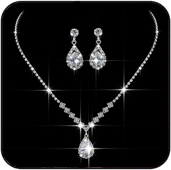 Silver Jewelry Set Rhinestone Prom Wedding Necklace Earrings - main view