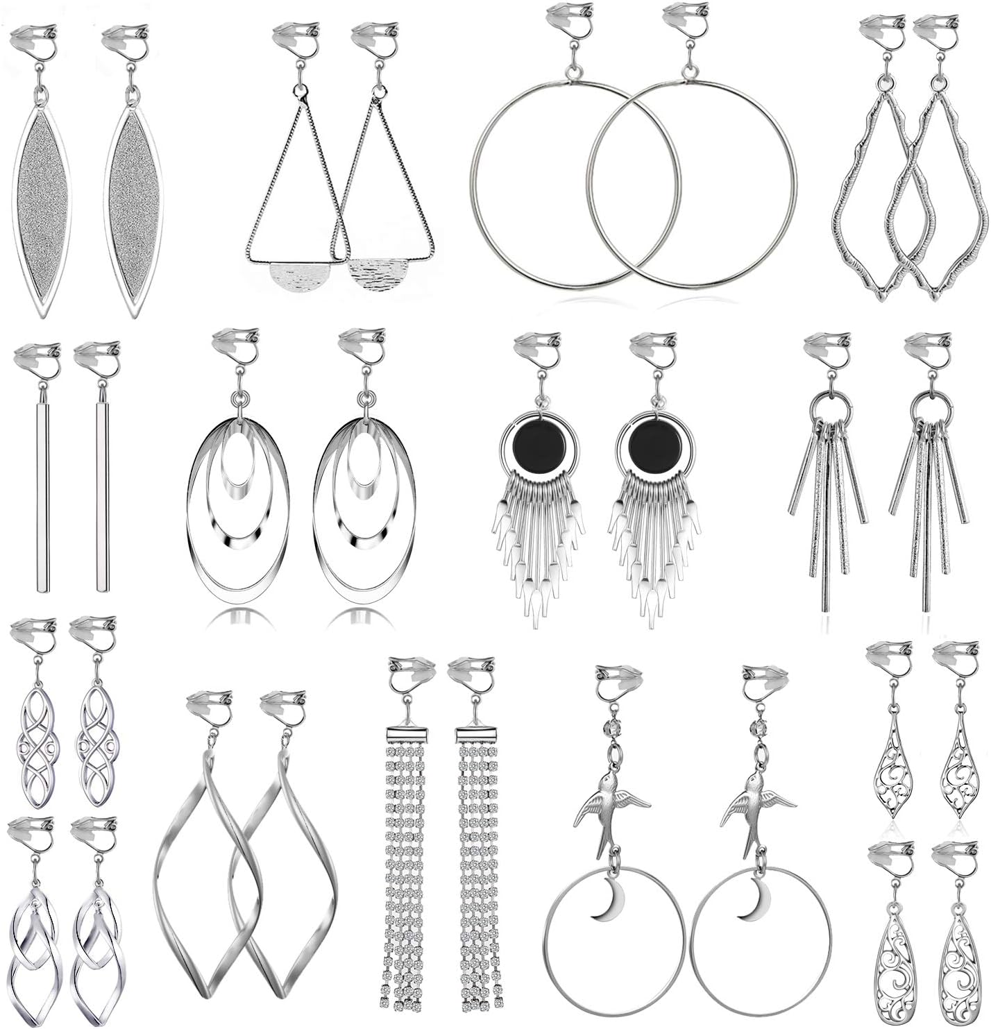 15 Pairs Wholesale Clip on Earrings for Women Trendy, Lightweight Clipon Earrings for Women in Silver Tone - main view