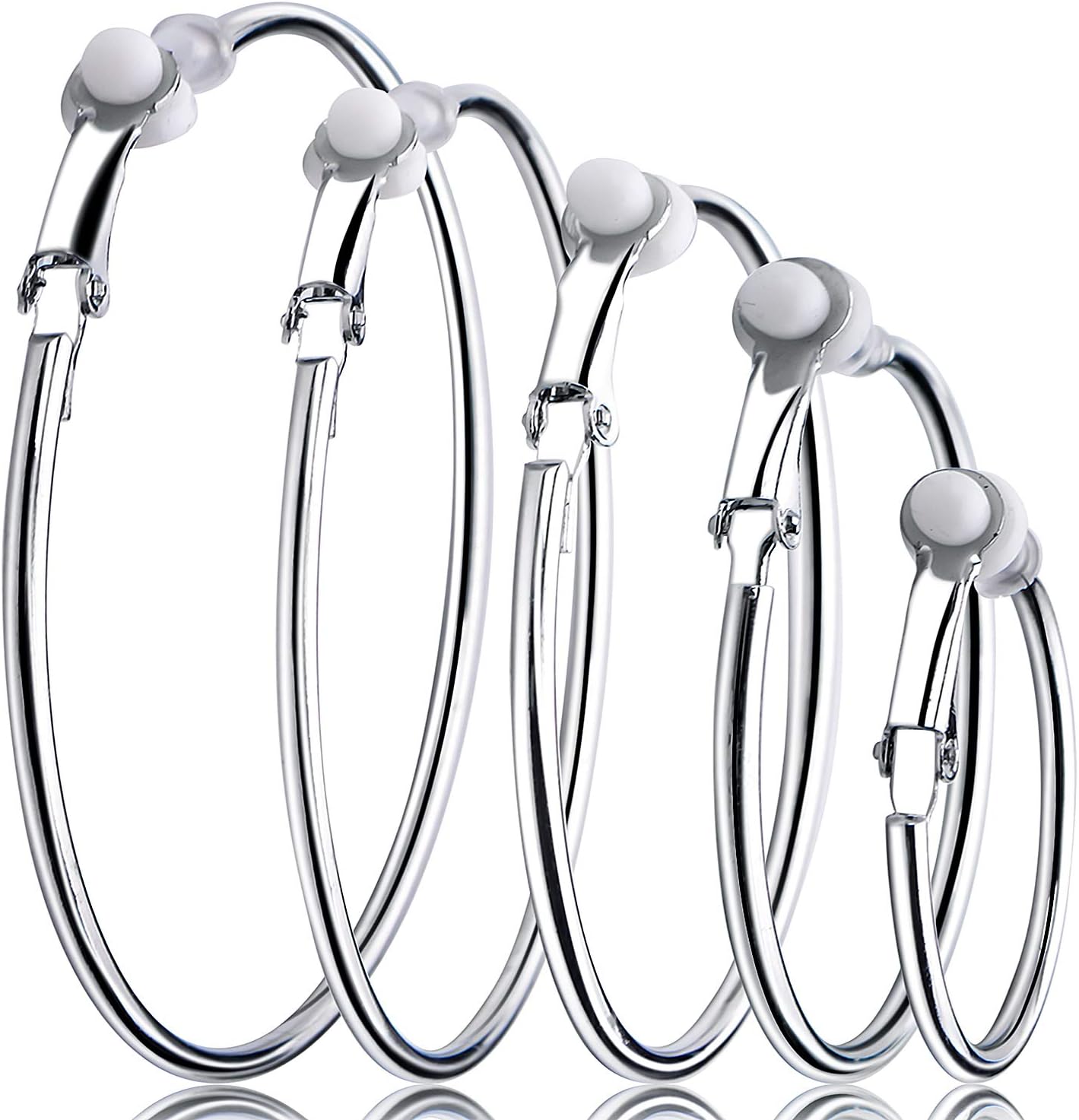 5 Pairs Silver Clip on Earrings Hoop Non Piercing Women Clip Earrings for Women, 5 Sizes - main view