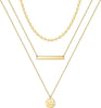 14K Gold Plated Layered Necklace for Women Jewelry Gift - 3PCS - Coin&Bar&Hammered Disc
