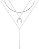 14K Gold Plated Layered Necklace for Women Jewelry Gift - 3PCS Silver - Chain&Crescent&Bar