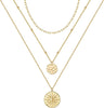 14K Gold Plated Layered Necklace for Women Jewelry Gift - 3PCS - Chain&Hammered Disc&Sun