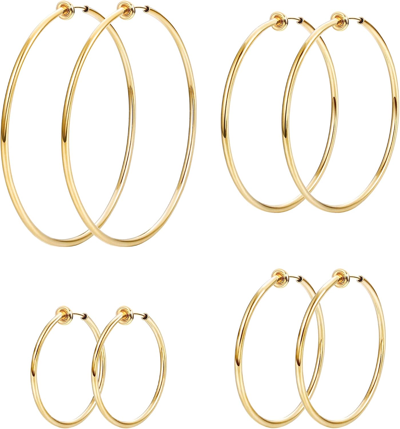4 Pairs Stainless Steel Clip On Hoop Earrings for Women Fake Hoop Earrings - main view